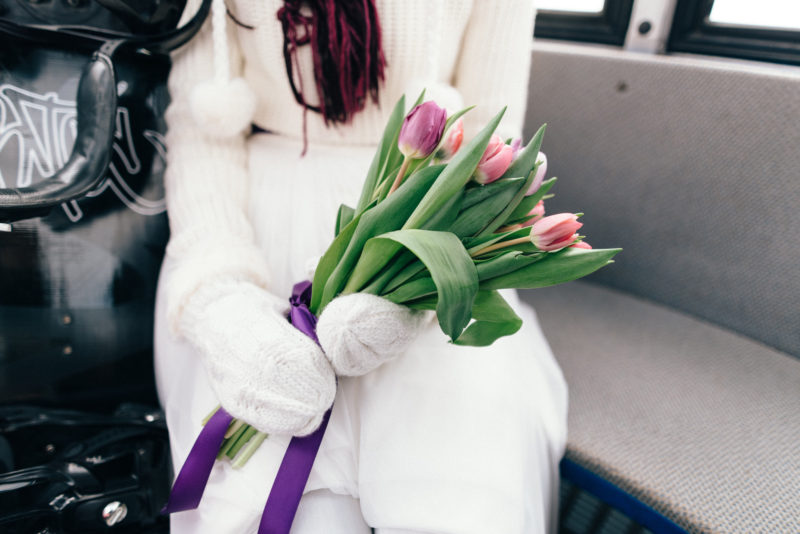 winter bride holding bouquet