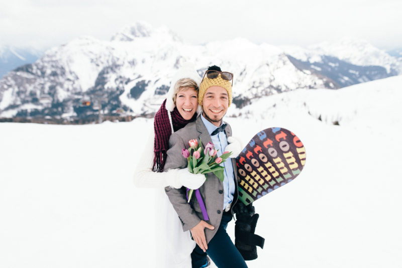 newlyweds mountains bride groom had snowboard