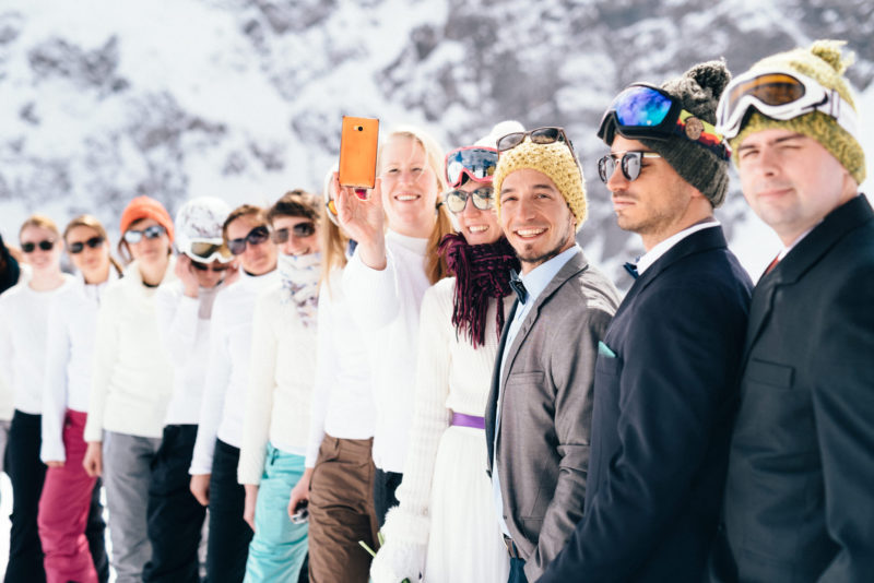 snowboard wedding group shot