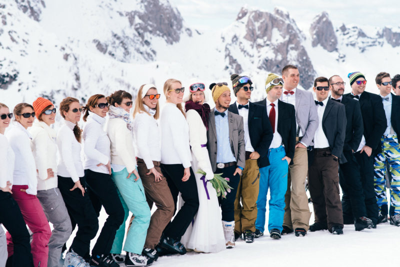 wedding party snowboarding