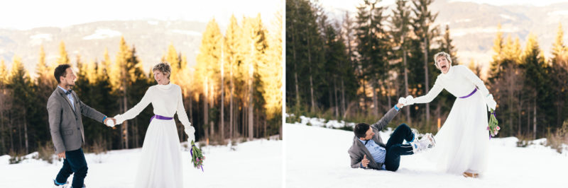 bride and groom in sunset walking in snow